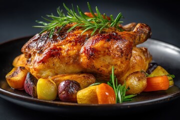 Maishähnchen Brathähnchen Ofengemüse Hähnchen mit Kartoffeln gebratenes Hähnchen Rosmarin Hähnchenfest Essen mit Gemüse Geflügelgericht rustikales Essen Sonntagsessen Festtagsbraten knusprig