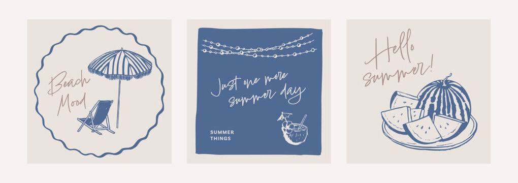 Summer doodle square card set. Beach posters with quotes. Event invitation template. Coastal hand drawn illustration. Graphic ink style sketch.