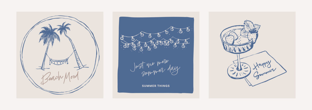 Happy summer doodle square card set. Beach posters with quotes. Event invitation template. Coastal hand drawn illustration. Graphic ink style sketch.
