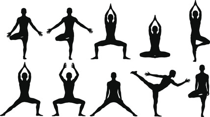 Ten black silhouette figures demonstrating various yoga poses on a white background in a studio setting