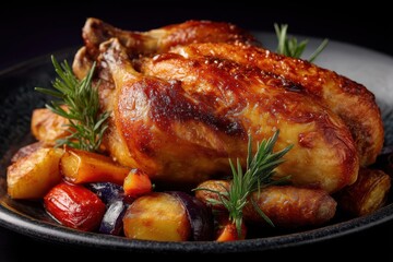 Maish&auml;hnchen Brath&auml;hnchen Ofengem&uuml;se H&auml;hnchen mit Kartoffeln gebratenes H&auml;hnchen Rosmarin H&auml;hnchenfest Essen mit Gem&uuml;se Gefl&uuml;gelgericht rustikales Essen Sonntagsessen Festtagsbraten knusprig