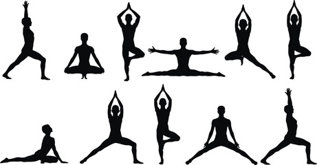 Silhouette illustration featuring various yoga poses performed by figures on a white background art image