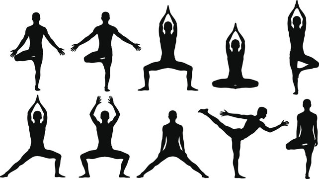 Ten black silhouette figures demonstrating various yoga poses on a white background in a studio setting