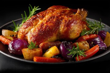 Maish&auml;hnchen Brath&auml;hnchen Ofengem&uuml;se H&auml;hnchen mit Kartoffeln gebratenes H&auml;hnchen Rosmarin H&auml;hnchenfest Essen mit Gem&uuml;se Gefl&uuml;gelgericht rustikales Essen Sonntagsessen Festtagsbraten knusprig