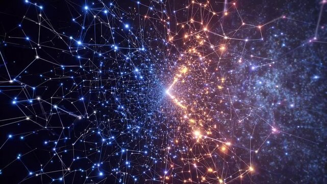 Artistic cosmic animation showing expansion star constellations drifting apart singularity representing galactic inflation universe evolution abstract visuals