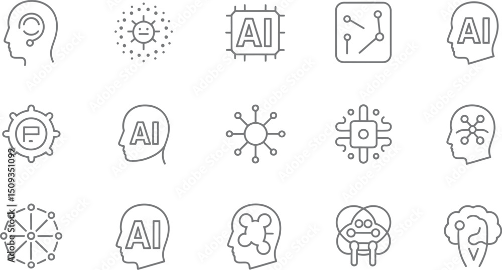 Poster collection of artificial intelligence related icons displaying ai technology and human brain concept