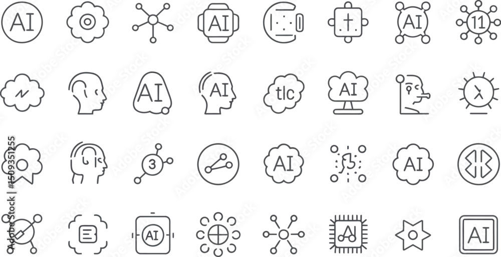 Poster collection of artificial intelligence icons in outline style representing ai technology and concepts