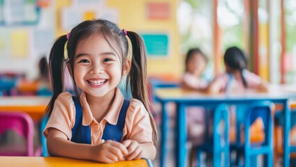 Happy Southeast Asian girl with pigtails celebrating Knowledge Day at school on September 1