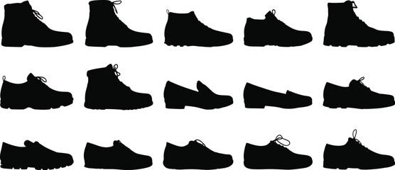 Silhouette of various types of footwear including boots loafers and dress shoes arranged in rows on white