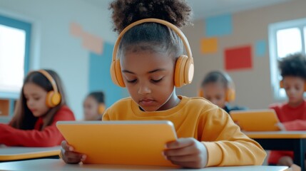 Diverse group of children engaging with technology on Knowledge Day in a modern classroom setting