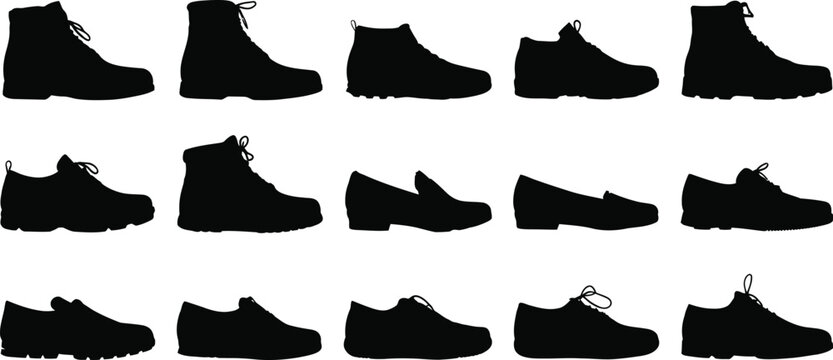 Silhouette of various types of footwear including boots loafers and dress shoes arranged in rows on white