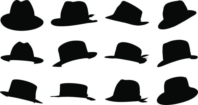A collection of twelve black hat silhouettes arranged in a grid on a plain white background image