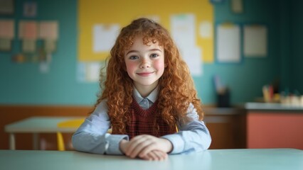 Sweet Caucasian girl with curly hair enjoying her first day back at school on September 1
