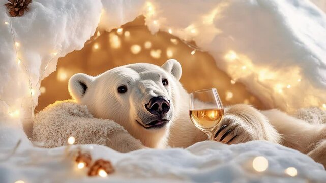 Cozy polar bear relaxing in snowy den with wine surrounded by warm twinkling lights.