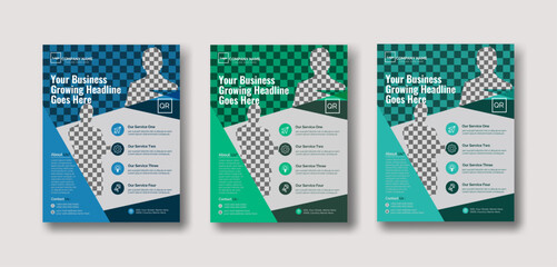Corporate business flyer design set, A4 size 3 different colors flyer, creative trendy flyer design, latest designs and and modern layout set up, business proposal, promotion, advertise, marketing.