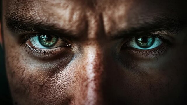 Intense gaze of a man with piercing green eyes showcasing focus and determination