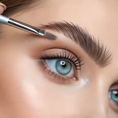 Naklejka premium Close-up of a light blue eye and eyebrow, with a metal brush styling the brow