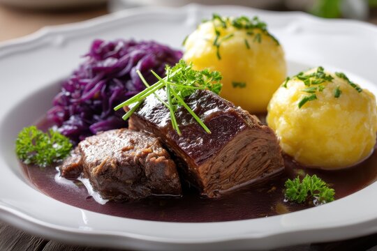 Rinderbraten mit Rotkohl und Kn&ouml;del Schmorbraten deutsches Essen Hausmannskost Festessen Sonntagsbraten deftige Mahlzeit Winteressen Fleischgericht Traditionell So&szlig;e Kartoffelkl&ouml;&szlig;e Essen anrichten