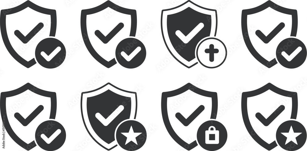 Poster collection of shields with checkmarks and symbols representing security and protection in black and 