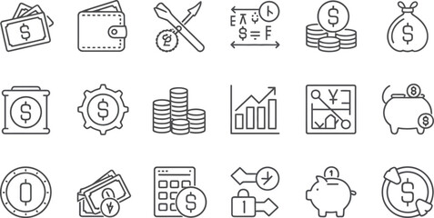 Various financial and business icons arranged in a grid pattern on a white background in outline style