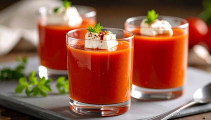 Roasted Red Pepper Soup Shot with Feta Mousse