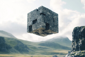 Floating cubes layered with digital glitch textures