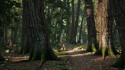 Virtual forest game environment animation ancient trees fantasy atmosphere representing magical nature digital RPG adventure style