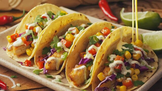 A plate of four tacos with lime wedges on the side. The tacos are topped with a variety of ingredients including corn, fish, and peppers. The plate is set on a wooden table