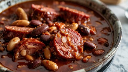 Fototapeta premium Sausage with barbecue beans, with a thick and rich barbecue sauce, which is wrapped around hearty pieces of sausage mixed with tender beans.