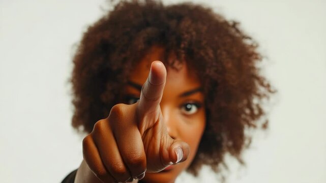 A woman with a hand pointing to the camera. Concept of confidence and assertiveness