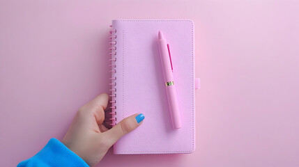 Woman's Hand Holding Pink Glitter Notebook and Pen on Pink Background