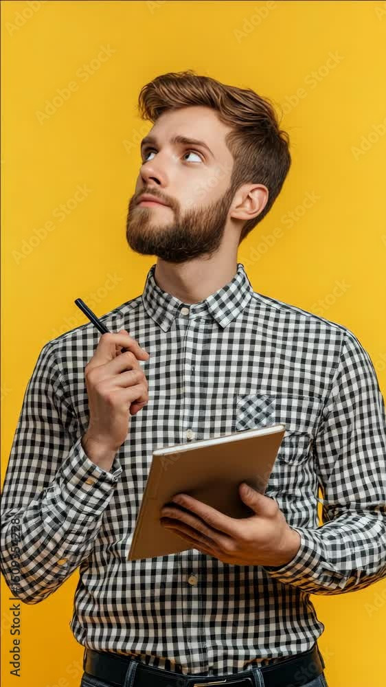 Poster a man with a beard is holding a pen and a notebook. he is looking at the notebook, possibly writing 