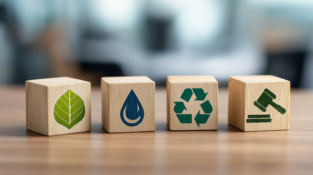 Environmental Protection With Recycling Initiatives and Legal and Ethics Sustainability Standards, Eco-Conscious Compliance, Green Policies and Judicial Oversight, Business Cubes