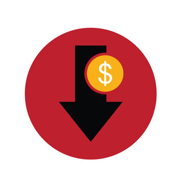Dollar decrease icon with down arrow red colour