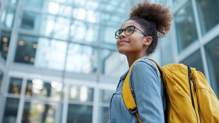 Confident multiracial student wearing glasses and carrying backpack enjoys first day back at school on September 1