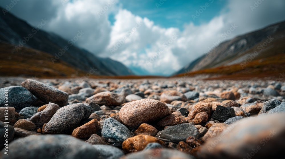 Poster rugged stones cover the foreground while majestic mountains tower in the distance. dramatic clouds f