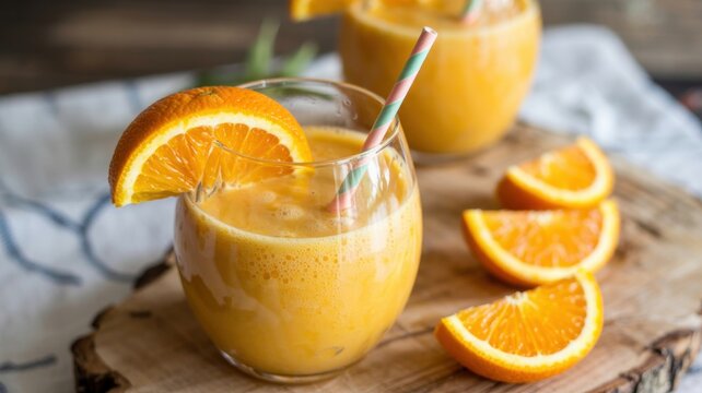 Homemade orange Julius is served in a transparent rounded glass with a straw and a slice of fresh orange on the rim. The background is slightly blurred.