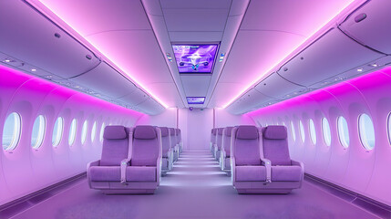 Modern Airplane Cabin Interior with Purple Ambient Lighting