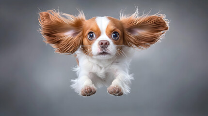 Adorable Cavalier King Charles Spaniel Puppy in Mid-Air with Brown and White Fur