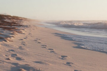 Golden hour at the beach with gentle waves and soft sand illuminated by warm sunlight, highlighting footprints along the shore