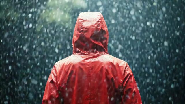 A person in a red jacket is standing in the rain. The jacket is waterproof and the person is wearing a hood. The rain is falling in a steady, gentle manner, creating a peaceful atmosphere