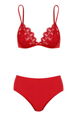 Two-piece swimsuit with red lace pattern that looks beautiful on an isolated transparent background.