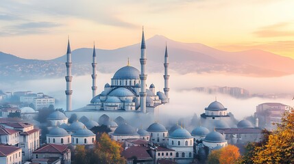 Naklejka premium Majestic Mosque in Misty Sunrise A Breathtaking Architectural Marvel