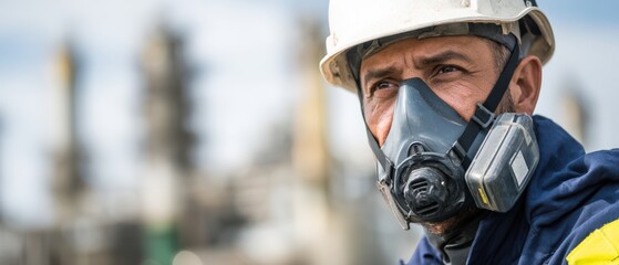 Focused adult Caucasian man wearing hard hat and respirator mask at industrial site Concept of safety, construction, and hazardous environment