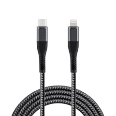 Black cable for charging and synchronization with Type – C and Lightning connectors on a white...