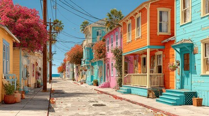 Naklejka premium Vibrant Street Scene with Colorful Houses and Lush Greenery