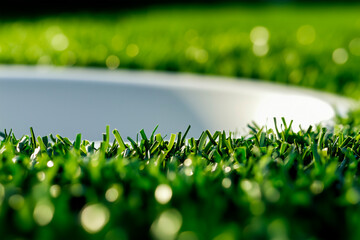 Close up of a golf hole surrounded by green lawns
