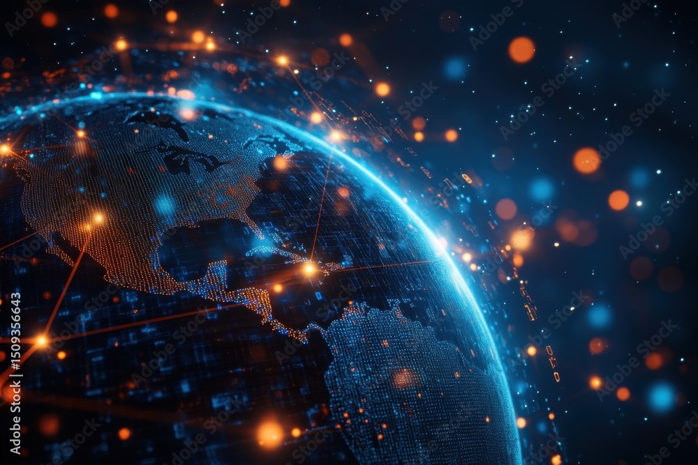 Poster a blue background with digital binary code and an earth globe, representing global connectivity and 