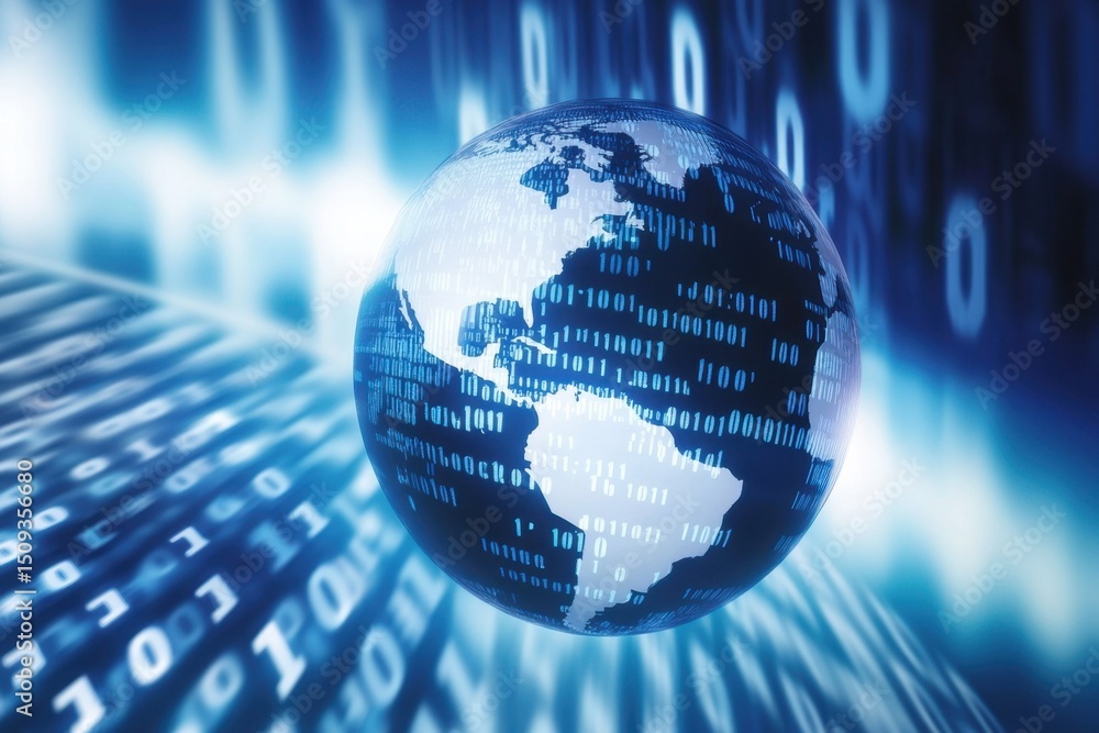 Poster a digital globe surrounded by swirling binary code, representing global connectivity and the flow of