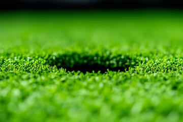 Close up of a golf hole surrounded by green lawns